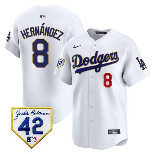 Men's Los Angeles Dodgers #8 Enrique Hernández White 2024 Jackie Robinson Patch Stitched Jersey Men's Los Angeles Dodgers #8 Enrique Hernández White 2024 Jackie Robinson Patch Stitched Jersey